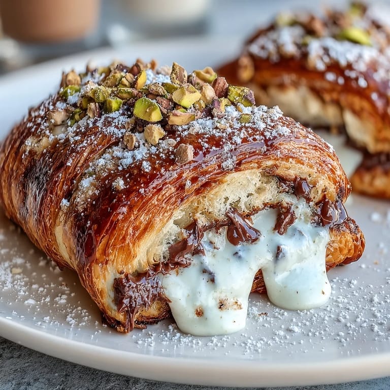 Melted chocolate and crunchy pistachios fill this Dubai Chocolate Pistachio Croissant French Toast.