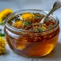 Dandelion jelly with fresh lemon and honey, a golden floral spread with bright citrus notes, perfect for breakfast or brunch.
