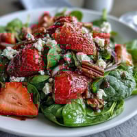 Spring Strawberry Spinach Salad with creamy goat cheese, juicy strawberries, and candied pecans, tossed in tangy balsamic vinaigrette.