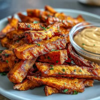 Perfectly crisp air fryer sweet potato fries with smoky chipotle aioli dip.