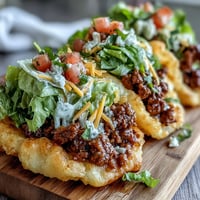 Fluffy cloud bread tacos cradle seasoned beef, topped with fresh lettuce and cheese.