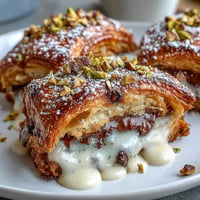 Golden brown Dubai Chocolate Pistachio Croissant French Toast drizzled with syrup.
